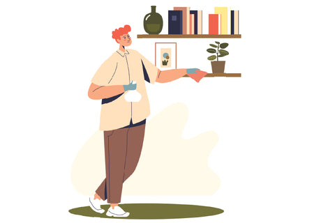 illustration of someone dusting shelves 